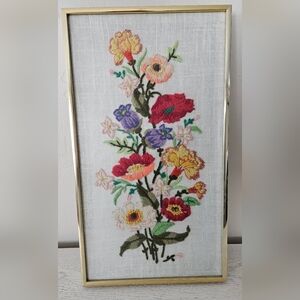 60s/70s Floral Crewel Embroidery Finished Framed Flowers Fiber Art Vintage